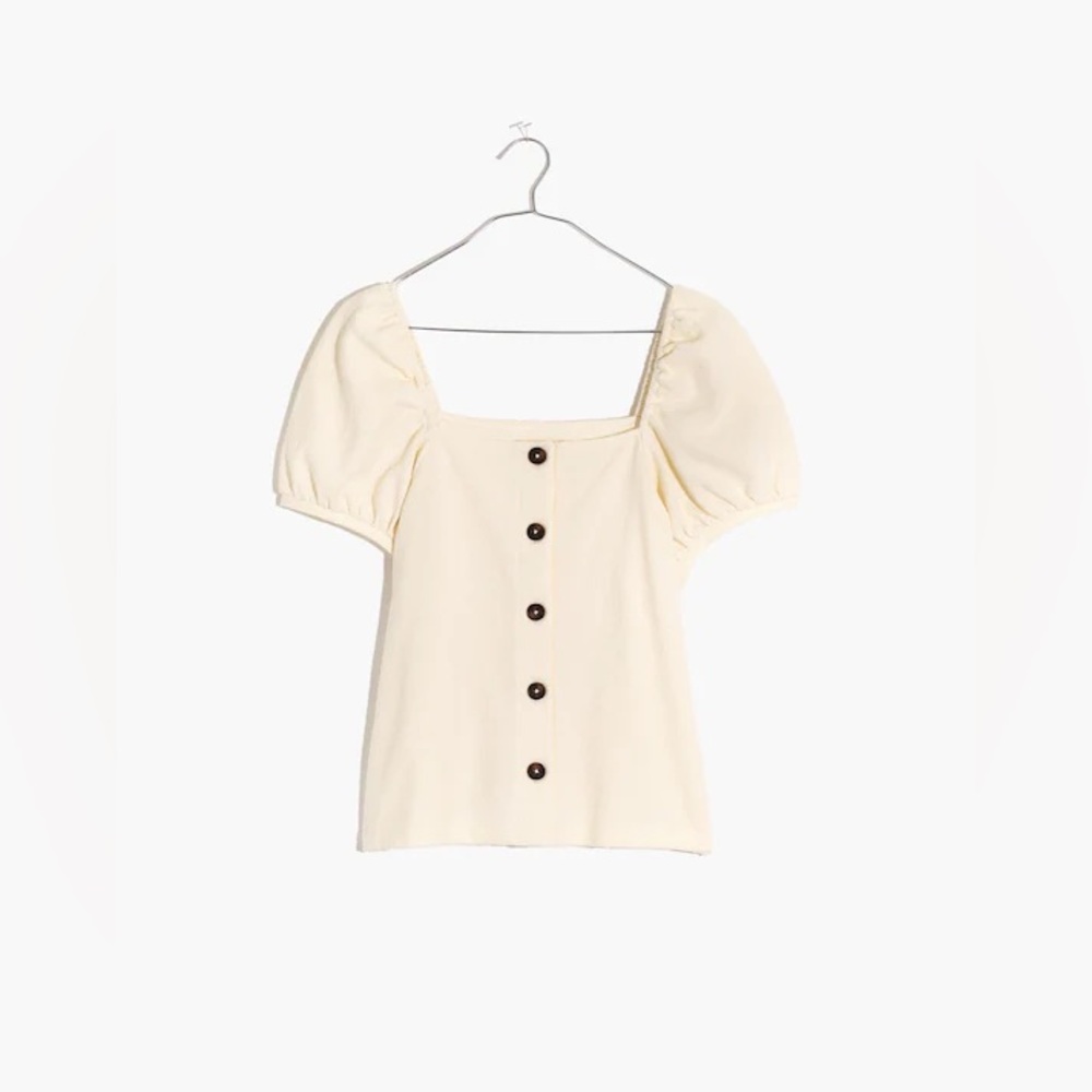 Madewell Jacquard Square-Neck Puff-Sleeve Top - Cream - Size Large - Picture 4 of 11